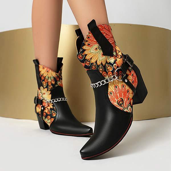 Women's Floral Color Block Metal Chain Western Ankle Boots 47138833C