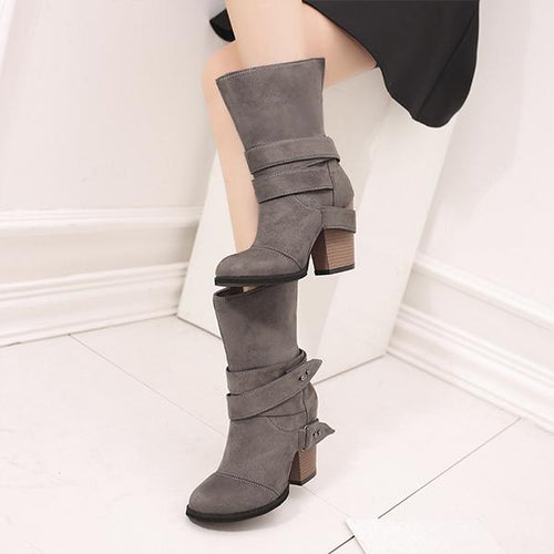 Women's Retro Belt Buckle Chunky Heel Mid-Calf Boots 42043076S