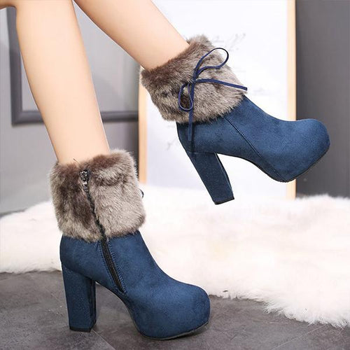 Women's Casual Plush Bow Chunky Heel Short Boots 18219328S