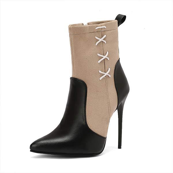 Women's Pointed-Toe Stiletto Super High-Heel Color-Block Ankle Boots with Side Zipper 24008823C