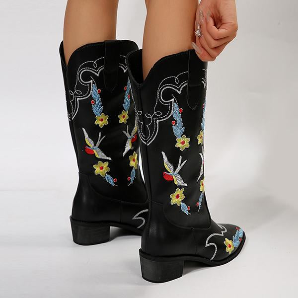 Women's Fashion Embroidered Chunky Heel Mid-calf Boots 08010244S