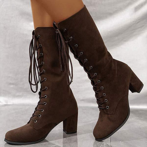 Women's Lace-Up Suede Block Heel Knee-High Boots 77293264C