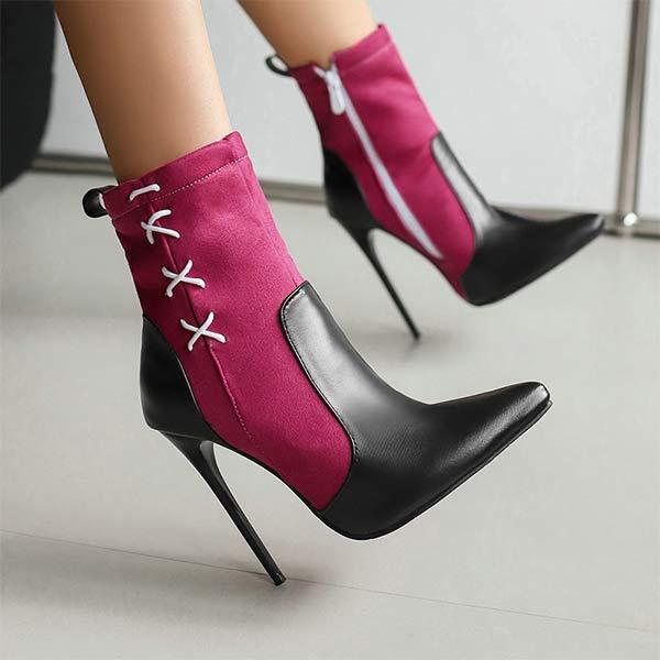 Women's Pointed-Toe Stiletto Super High-Heel Color-Block Ankle Boots with Side Zipper 24008823C