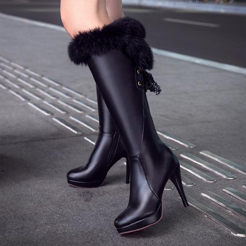 Women's Stylish Fur Collar Stiletto Knee-High Boots 83895807S