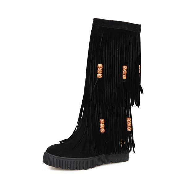 Women's Beaded Fringe Wedge Knee-High Boots 91869043C