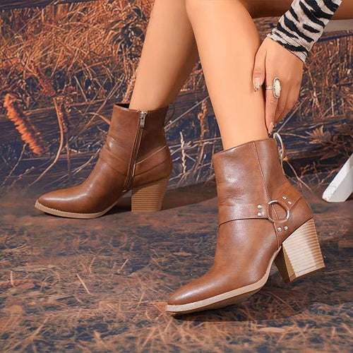 Women's Retro Chunky Heel Belt Buckle High-Heeled Ankle Boots 62279522C