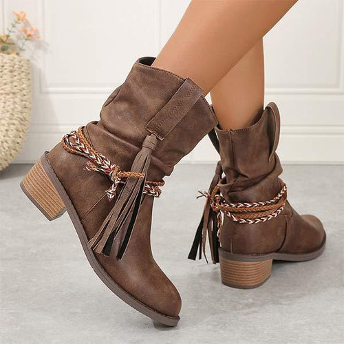 Women's Ruched Fringe Chunky Heel Ankle Boots 36542191C