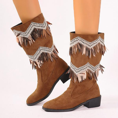 Women's Fashionable Sequined Tassel Block Heel Western Boots 79327915S