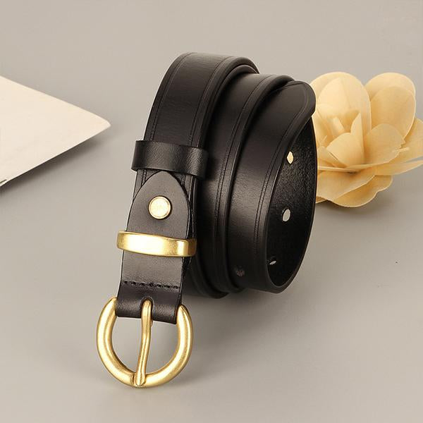 Women's Vintage Pure Copper Round Pin Buckle Leather Belt 97004665C