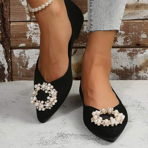 Women's Pointed-Toe Black Flats with Pearl Embellishments 23224809C