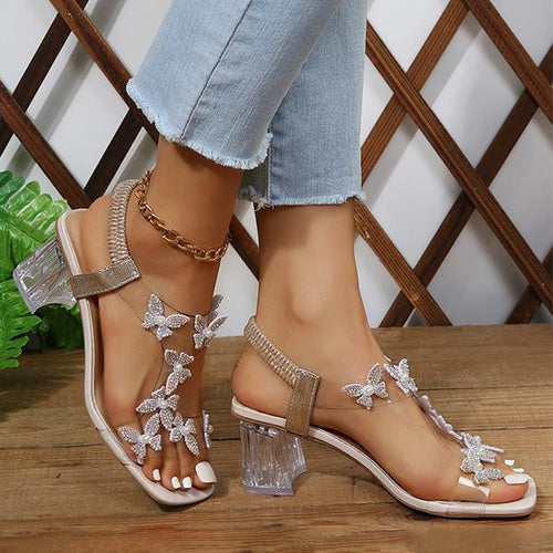 Women's Square Toe Elastic Butterfly Flower Sandals 87423779C