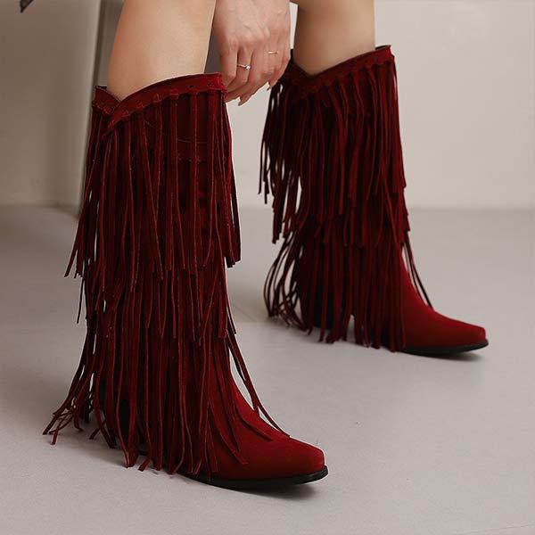 Women's Pointed Toe High Heel Fringe Boots 95134075C