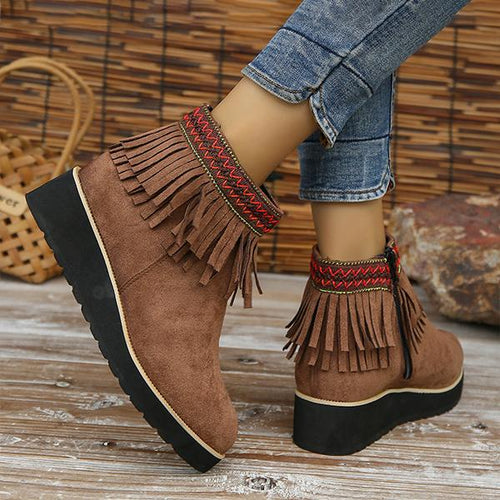 Women's Casual Ethnic Style Tassel Thick Sole Short Boots 92494763S