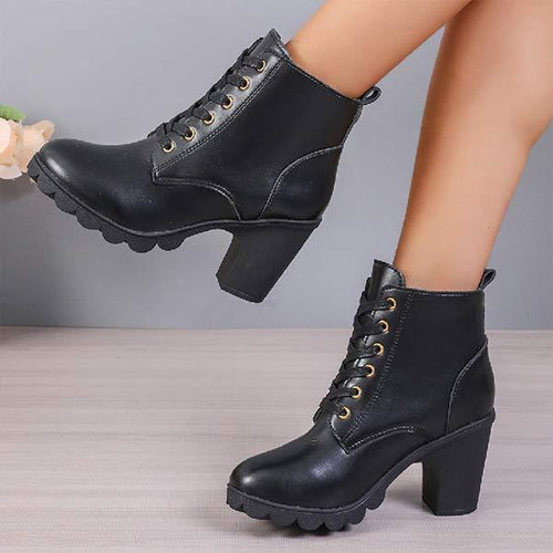 Women's Round-Toe Lace-Up Chunky Heel Ankle Boots 18272925C