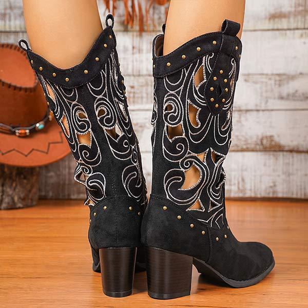 Women's Vintage Embroidered Mid-Calf Chunky Heel Boots 04778684C