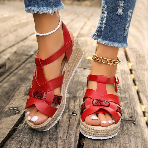 Women's Fashionable Snake Pattern Espadrille Wedge Sandals 79062658S