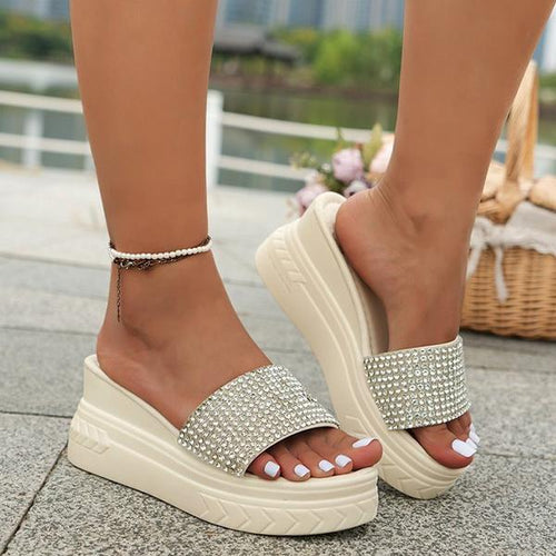 Women's Fashionable Rhinestone Cross Strap Wedge Slippers 52080290S