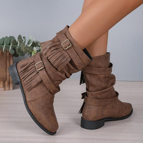 Women's Retro Belt Buckle Tassel Casual Boots Short Boots 68755514S