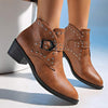 Women's Pointed-Toe Chunky Heel Short Boots with Studded Belt Buckle 18101868C