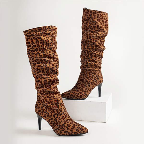 Women's Pointed Toe Leopard Print Ruched Over-the-Knee Stiletto Boots 20752947C