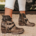 Women's Vintage Roman Belt Buckle Short Shaft Chunky Mid Heel Boots 08014974C