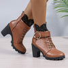 Women's Lace-Up Belt Buckle Block Heel Ankle Boots 02233782C