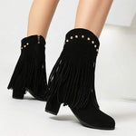 Women's High-Heeled Suede Studded Fringe Boots 89948733C