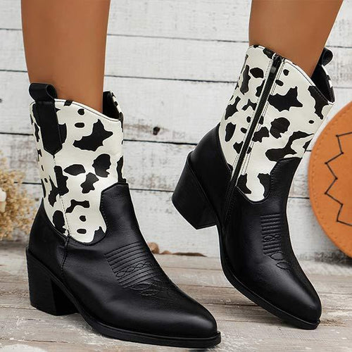 Women's Mid-Calf Chunky Heel Cow Print Riding Boots 68535383C