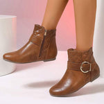 Women's Flat Ankle Boots with Side Zipper and Metal Buckle Strap 90758357C