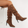 Women's Pointed Toe Leopard Print Ruched Over-the-Knee Stiletto Boots 20752947C