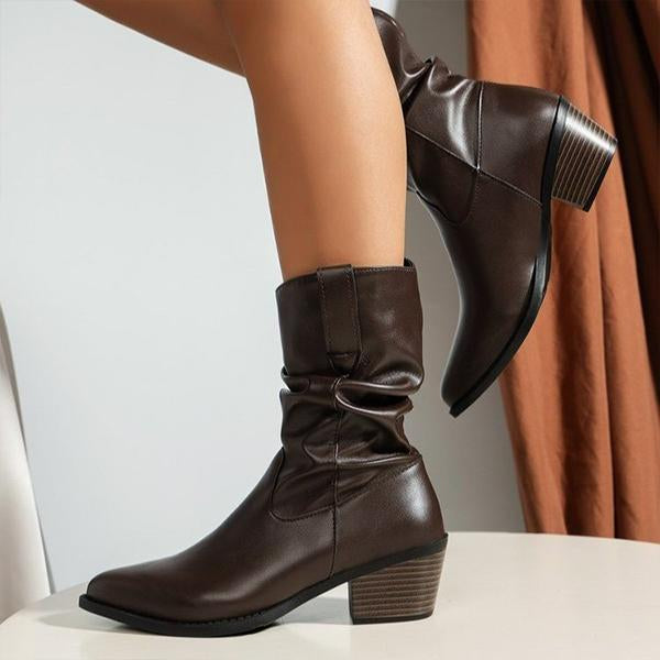 Women's Fashionable Pleated Chunk Heel Mid-calf Boots 07324896S