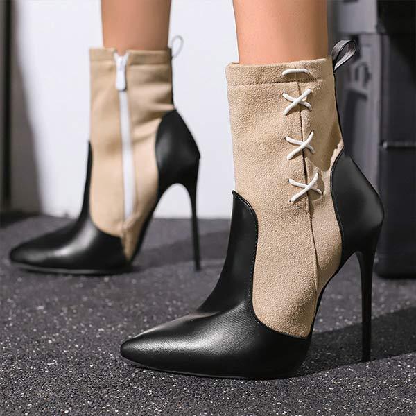 Women's Pointed-Toe Stiletto Super High-Heel Color-Block Ankle Boots with Side Zipper 24008823C