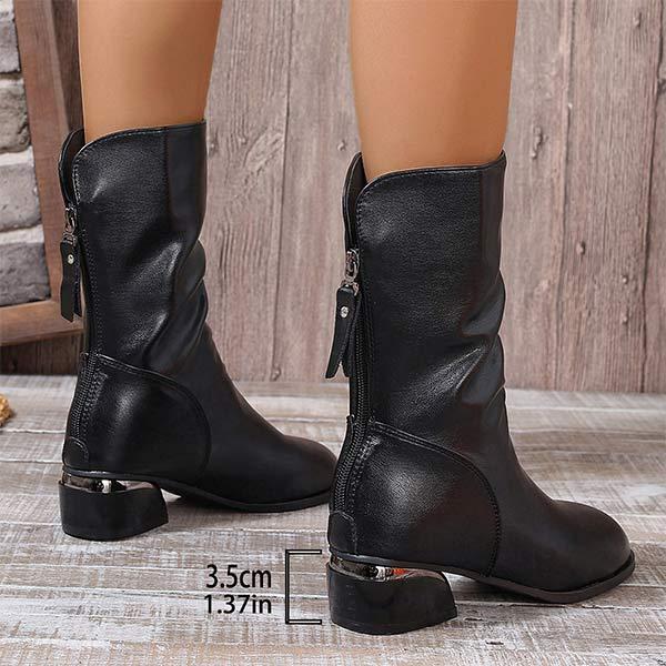 Women's Chunky Heel Ruched Mid-Calf Boots with Back Zipper 85354840C