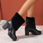 Women's High Heel Chunky Heel Back Zipper Short Boots with Fuzzy Collar 14619724C