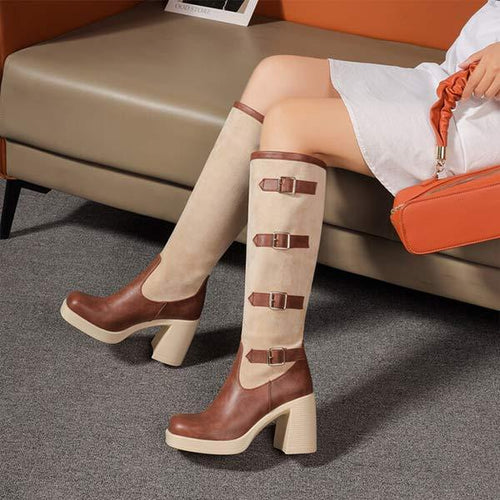 Women's Square-Toe High Heel Fashion Boots with Metal Buckle Detail 91720810C