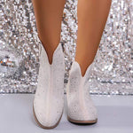 Women's Block Heel Side Zipper Glitter Short Boots 10864207C