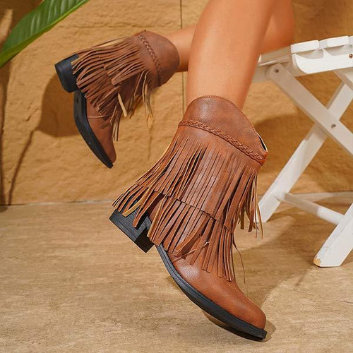 Women's Tassel Woven Retro Western Fashion Boots 46685118C