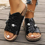 Women's Casual Vacation Snake Print Lace-Up Beaded Peep-Toe Wedge Sandals 09054767C