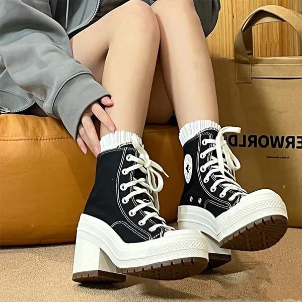 Women's Vintage High-Heeled Lace-Up Canvas Shoes 76634180C