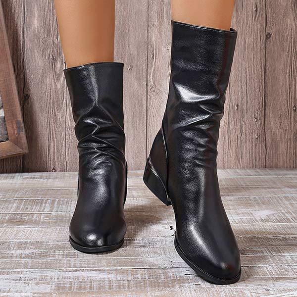 Women's Chunky Heel Ruched Mid-Calf Boots with Back Zipper 85354840C