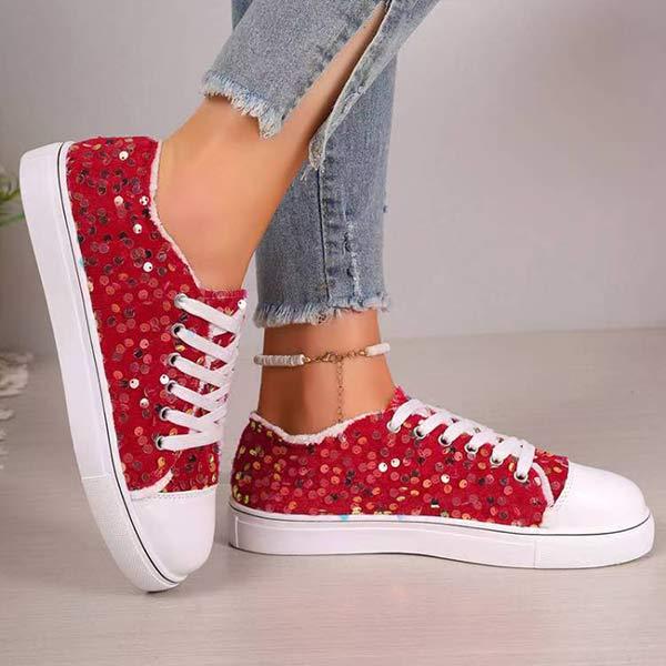 Women's Round-Toe Flat-Soled Lace-Up Sequined Casual Shoes 12179493C