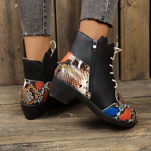 Women's Ethnic Snake Print Chunky Heel Short Boots 97769092S