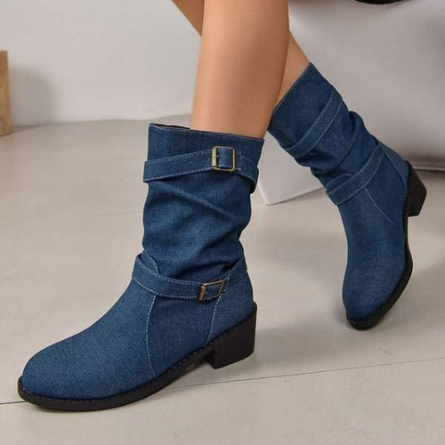 Women's Vintage Denim Belt Buckle Round Toe Low Heel Martin Boots 83021774C