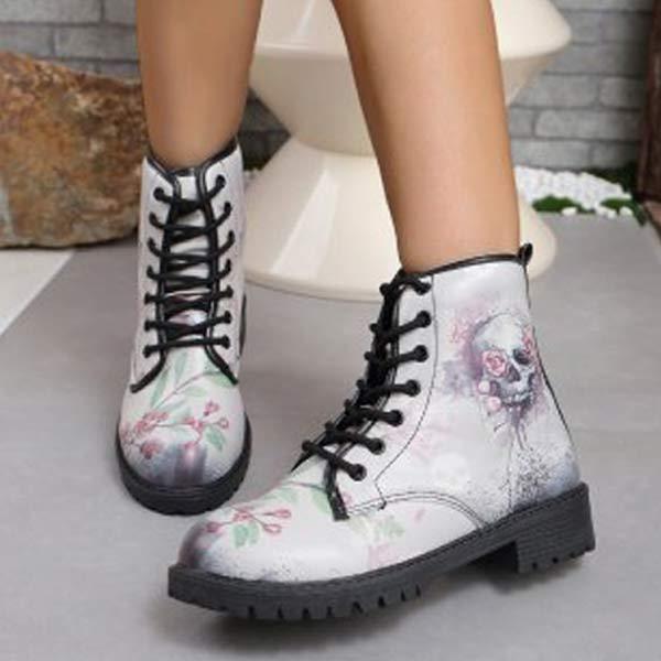 Women's Skull Print Martin Boots with Halloween-Themed Lace-Up Low Heel Ankle Boots 21186042C