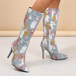 Women's Pointed Toe Stiletto Denim Light Blue Oil Paint Color Matching Boots 07309091C