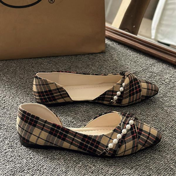 Women's Casual Plaid Pearl Pointed Toe Slip-On Flats 38569047S