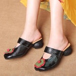 Women's Retro Flower Chunky Heel Half Slippers 09703944S