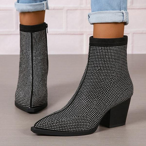 Women's Fashionable Rhinestone Block Heel Ankle Boots 31224374S