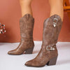 Women's Retro Belt Buckle Chunky Heel Western Cowboy Boots 00561952C