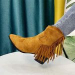 Women's Pointed Toe Tassel Retro Chunky Heel Suede Booties 12675610C